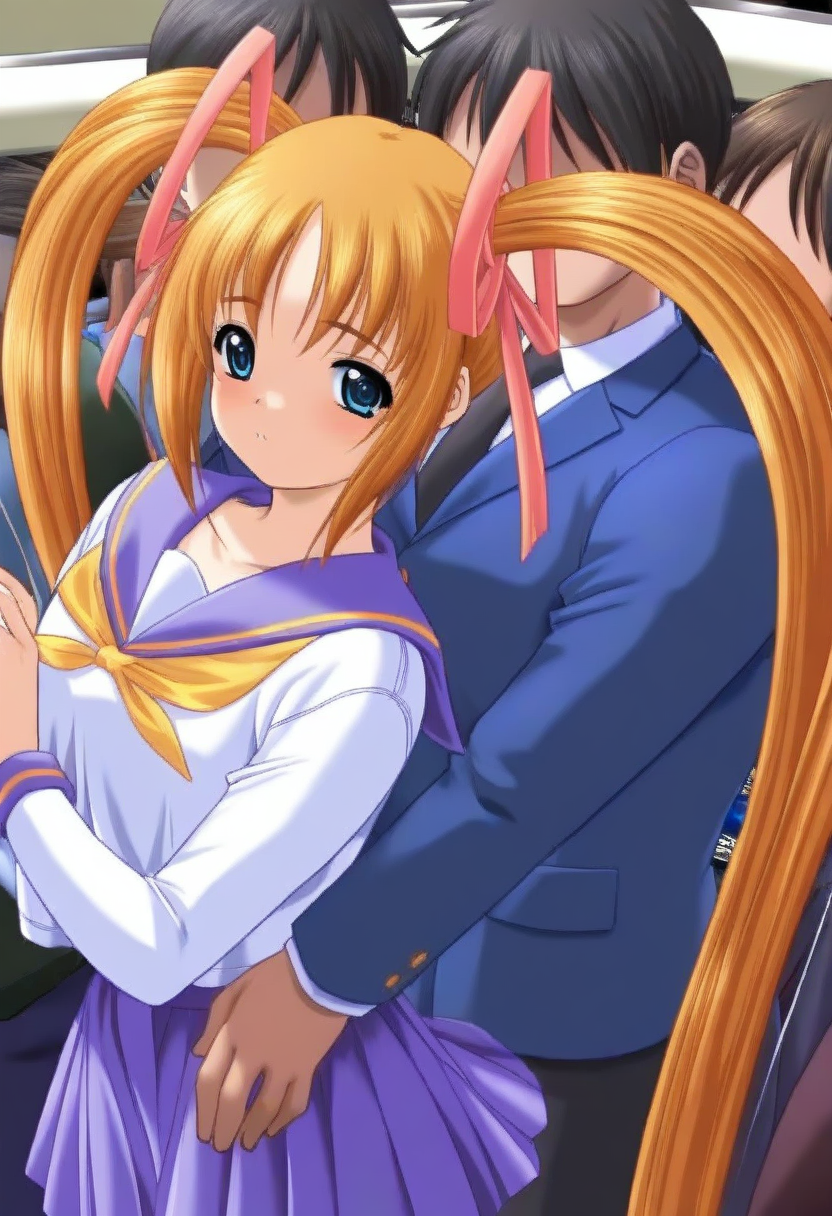 masterpiece,best quality,amazing quality,very aesthetic,absurdres,newest,<lora:Kashiwagi Airi_Saishuu Chikan Densha_ilxl_v1-000010:1>,1girl,solo,twintails,school uniform,blue eyes,ribbon,orange hair,hair ribbon,serafuku,looking at viewer,long sleeves,neckerchief,very long hair,yellow neckerchief,blue sailor collar,kashiwagi airi,train interior,standing,1boy,faceless,grabbing from behind,from side,