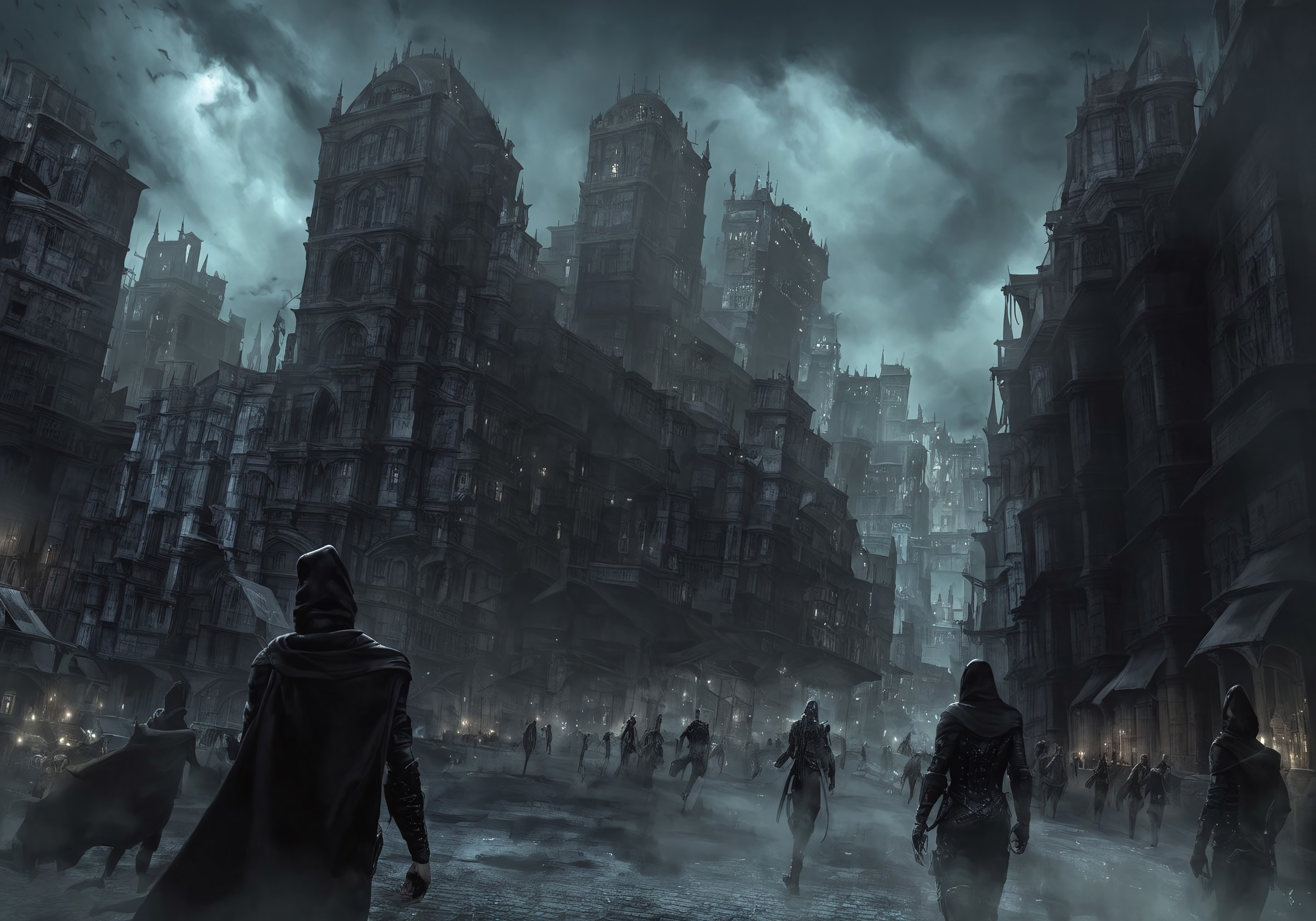 Masterpiece, best quality, extremely detailed, thiefConcept, masked hooded thief crouch walking across rooftop, city and people in background, thief wearing leather outfit, holding beautiful diamond amulet, night, city lights, charter focused,