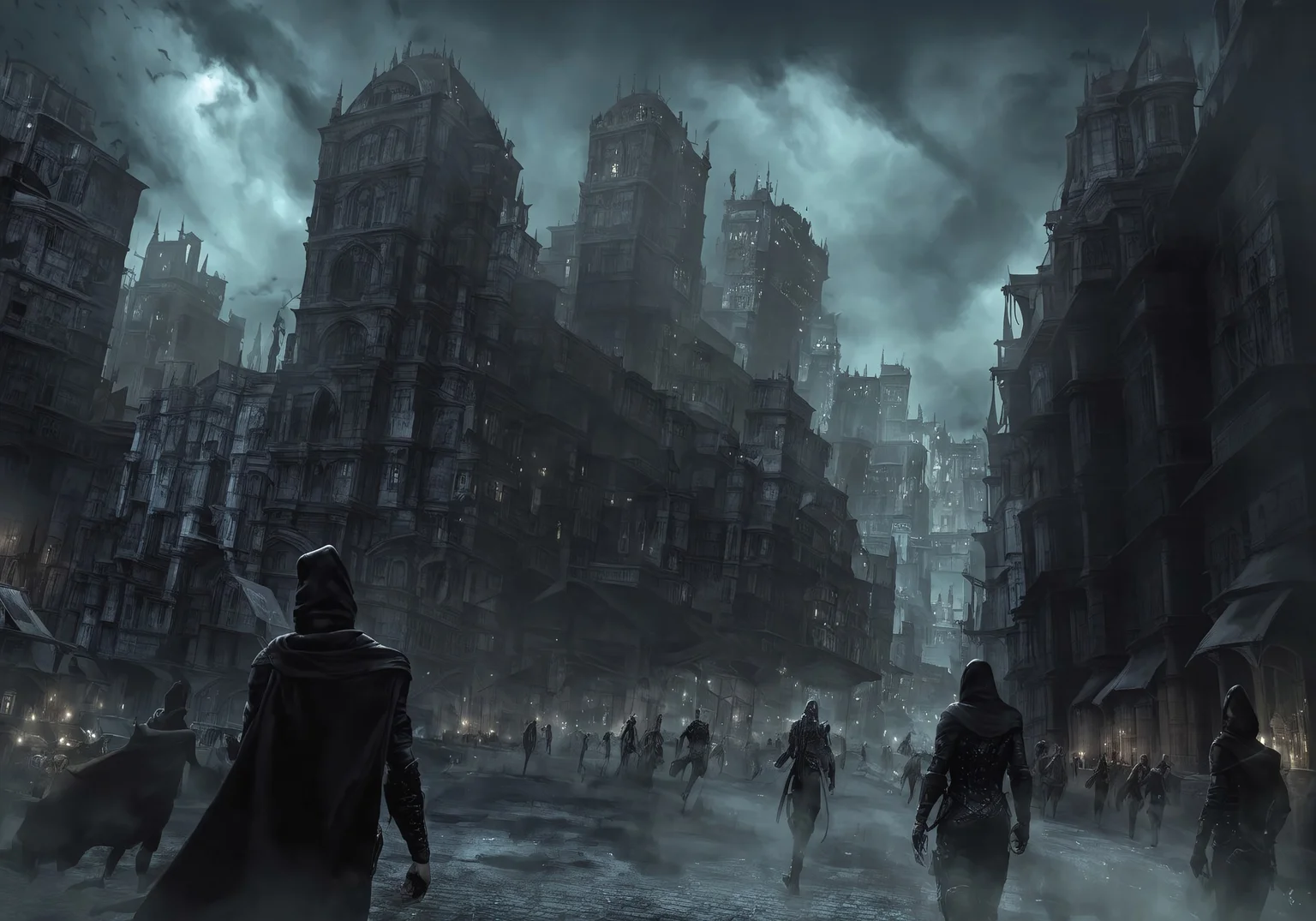 Masterpiece, best quality, extremely detailed, thiefConcept, masked hooded thief crouch walking across rooftop, city and people in background, thief wearing leather outfit, holding beautiful diamond amulet, night, city lights, charter focused,