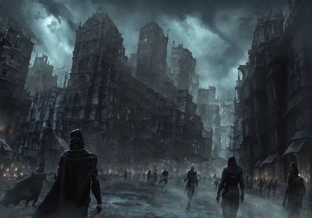 Masterpiece, best quality, extremely detailed, thiefConcept, masked hooded thief crouch walking across rooftop, city and people in background, thief wearing leather outfit, holding beautiful diamond amulet, night, city lights, charter focused,