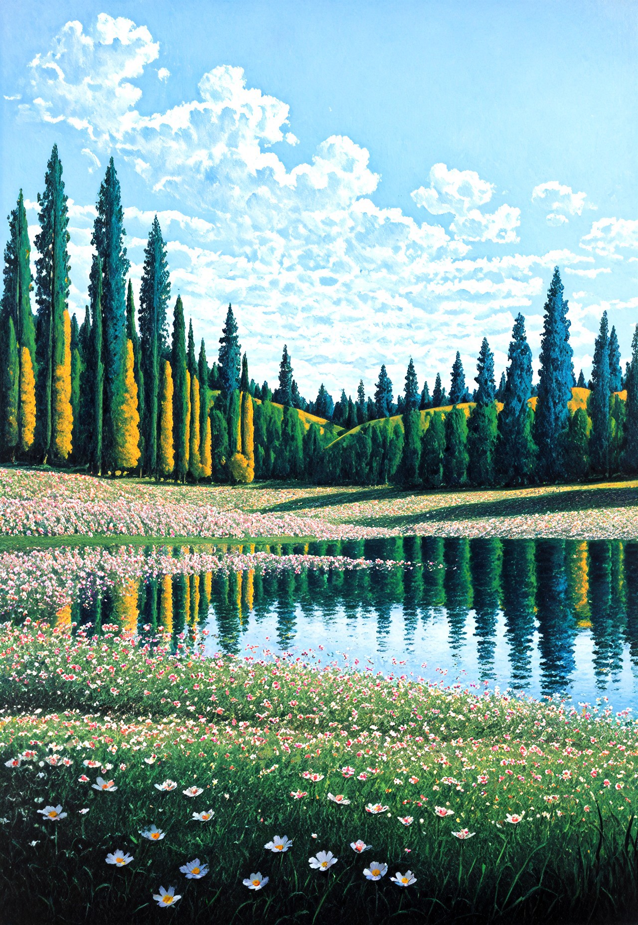 masterpiece, very aesthetic, absurdres, best quality, masterpiece, very aesthetic, absurdres, best quality, 1MPR3SS1ON1SM, oil painting, scenery, outdoors, no humans, nature, sky, cloud, traditional media, tree, day, flower, forest, grass, cloudy sky, field, painting (medium), blue sky, water, landscape, lake