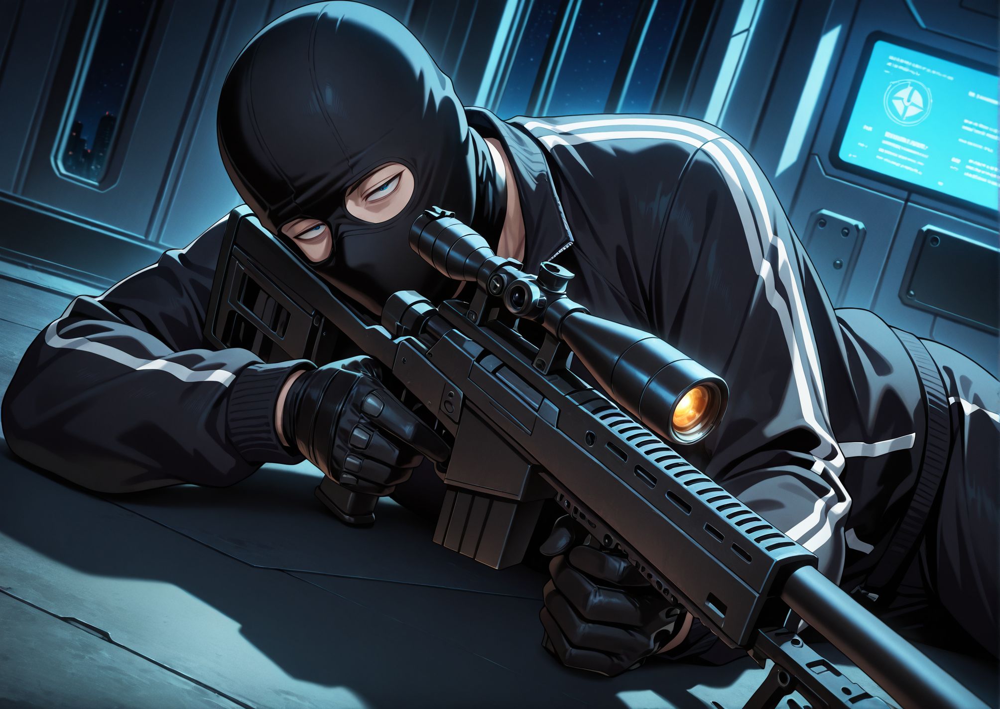 masterpiece,best quality,amazing quality,very aesthetic,absurdres,newest, huge filesize,
<lora:spo_sdxl_10ep_4k-data_lora_webui:0.5>,
holding gun, sniper rifle, science fiction, aiming, on stomach, from above, from side  
on side,
night,
<lora:the_fable__satou_akira__satou_youko__misaki__ebina_._kojima:0.8>,
1boy, 1man, black  Track jacket, black sneaker,neck,full black clothes,
f_akira, black Balaclava, pro killer,