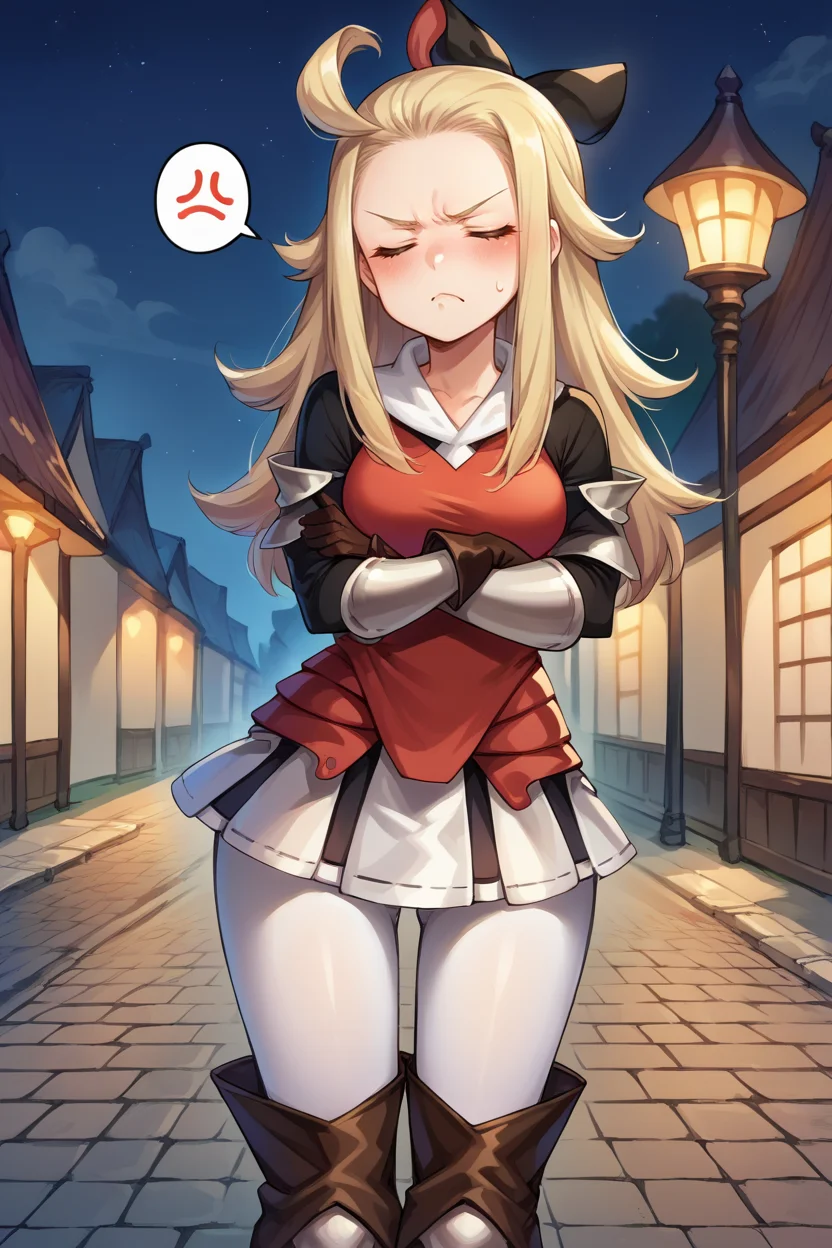 score_9, score_8_up, score_7_up, score_6_up, source_anime BREAK 1girl, solo <lora:edealee-pdxl-nvwls-v1-000005:1> bdEdea, blonde hair, ahoge, black bow, hair bow, red shirt, armored skirt, brown gloves, white leggings, thigh boots, crossed arms, night, village, night sky, closed eyes, pout, blush, annoyed, spoken anger vein