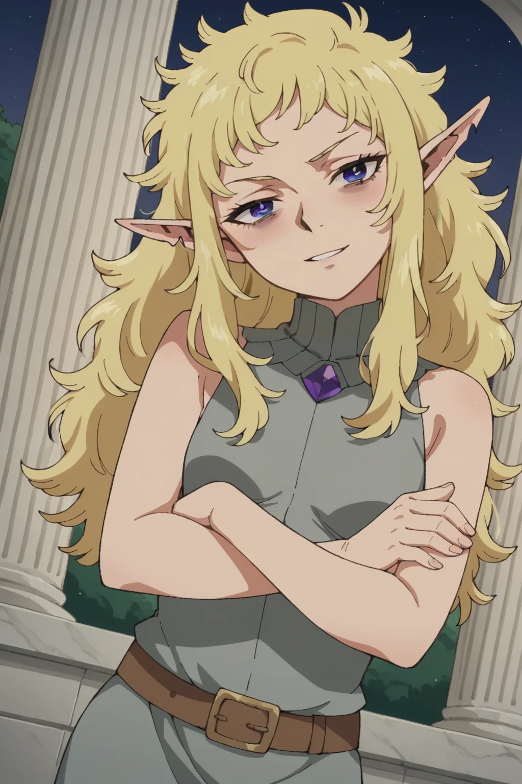 score_9, score_8_up, score_7_up, source_anime, 1girl, prefect lighting, very aesthetic, intricate details, highly detailed background, masterpiece, high quality, prefect hands, best quality, solo,
<lora:Fleki_Dungeo_Meshi_V1:.85>, KJOfleki, blonde hair, purple eyes, pointy ears, notched ear, bags under eyes, messy hair, long hair, half-closed eyes,
grey tunic, brown belt,
smirk, blush, parted lips, cowboy shot, Dutch angle, looking at viewer, head tilt, crossed arms,
Inside, ballroom, pillars, crowded, night,
(Beautiful, small Breasts:1.2), natural breasts,