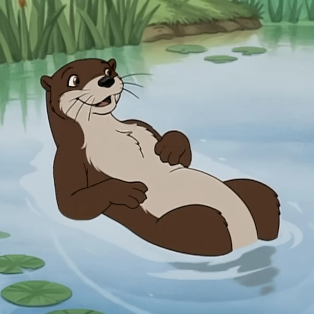 score_9, score_8_up, score_7_up, score_6_up, score_5_up, score_4_up, source_furry, otterfrnkln, semi-anthro, female, otter, brown fur, whiskers, lying, on back, in a pond, partially submerged, water, in a forest,