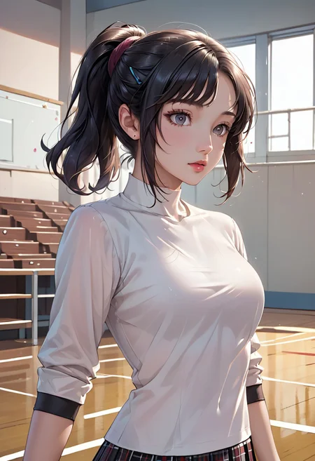 score_9, score_8_up, score_7_up, (masterpiece, Highest quality:1.4), (beautiful, beautiful, perfection, delicate, Complex:1.2), (cute, Adorable), (Depth of written border:1.2), Realistic Face:1.2, hand,
1Girl, 28yo, shihop5, black hair, ponytail, shirt, plaid skirt, bike shorts, asymmetrical legwear,
((School gymnasium, volleyball court, standing)), break, anatomically correct, cowboy shot,