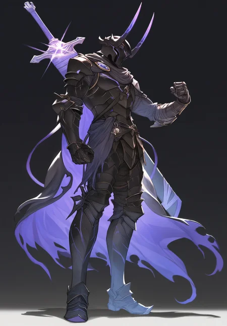 masterpiece,absurdres,best quality,high quality,<lora:Granblue Fantasy XLV3 Vpred:1>,weapon,armor,solo,gauntlets,1boy,male focus,black background,weapon on back,sword,full body,standing,simple background,cape,horns,black armor,black cape,flexing,arm at side,from below,looking at viewer,black helmet,dynamic lighting,dithered background,