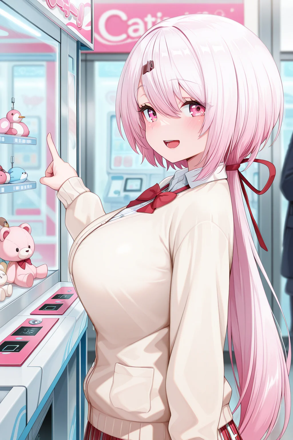 1girl, ShiinaYuikaNijisanji,
general, solo, from side, upper body,
pink hair, hairclip, hair between eyes, eyelashes, pink eyes, low ponytail,
large breasts, cardigan, collared shirt, neck ribbon, pleated skirt,
dating, looking at viewer, \:D, arm at sides, pointing,
crane game, glass, stuffed animal,
<lora:kp_ShiinaYuikaNijisanji1stCostumeIllustrious_v1_0:1.0>,
masterpiece, best quality, amazing quality