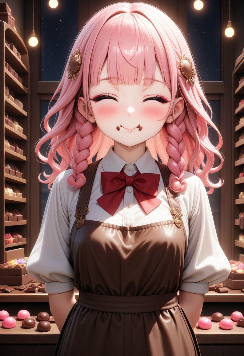((masterpiece), (best quality), (ultra-detailed), 
illustration, 3DMM, 
1girl, solo, pink hair, blunt bangs, curly hair, red bowtie , indoor, puffy sleeves,
white shirt, black pants, brown apron, 
 Closed mouth, closed eyes, black eyeshadow,
Indoor,  more Candy's,
glossy, delicate frame, angelic appearance, 
hair ornament,chiaroscuro shading, perfect body, dim natural light, night, window, soft smile, blushing,  smile,  portrait, face focus , traces of chocolate near the mouth, two holding a chocolate bar, puffy cheeks ,
 absurdres, cowboy shot,
   sharped eyes, sharp focus, angelic appearance,  side braids, night, darkness)