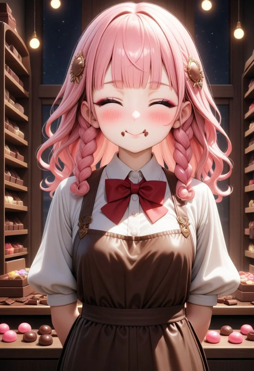((masterpiece), (best quality), (ultra-detailed),
illustration, 3DMM,
1girl, solo, pink hair, blunt bangs, curly hair, red bowtie , indoor, puffy sleeves,
white shirt, black pants, brown apron,
Closed mouth, closed eyes, black eyeshadow,
Indoor, more Candy's,
glossy, delicate frame, angelic appearance,
hair ornament,chiaroscuro shading, perfect body, dim natural light, night, window, soft smile, blushing, smile, portrait, face focus , traces of chocolate near the mouth, two holding a chocolate bar, puffy cheeks ,
absurdres, cowboy shot,
sharped eyes, sharp focus, angelic appearance, side braids, night, darkness)