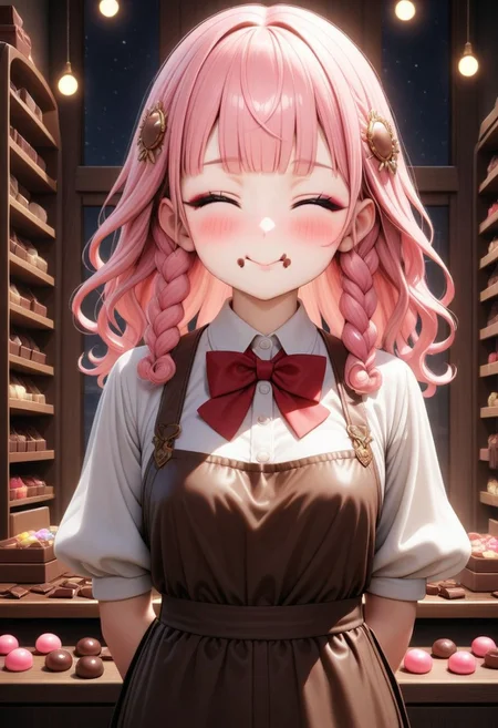 ((masterpiece), (best quality), (ultra-detailed),
illustration, 3DMM,
1girl, solo, pink hair, blunt bangs, curly hair, red bowtie , indoor, puffy sleeves,
white shirt, black pants, brown apron,
Closed mouth, closed eyes, black eyeshadow,
Indoor, more Candy's,
glossy, delicate frame, angelic appearance,
hair ornament,chiaroscuro shading, perfect body, dim natural light, night, window, soft smile, blushing, smile, portrait, face focus , traces of chocolate near the mouth, two holding a chocolate bar, puffy cheeks ,
absurdres, cowboy shot,
sharped eyes, sharp focus, angelic appearance, side braids, night, darkness)