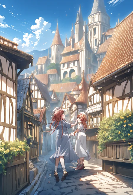 <lora:LoRA_Amazno_Kozue_Style_SDXL-000009:1.2> (amano kozue:1.2),
best quality, 4k, very aesthetic, absurdres,
(2girls, yuri:1.3), clear eyes, scenery,
blue sky, town,
