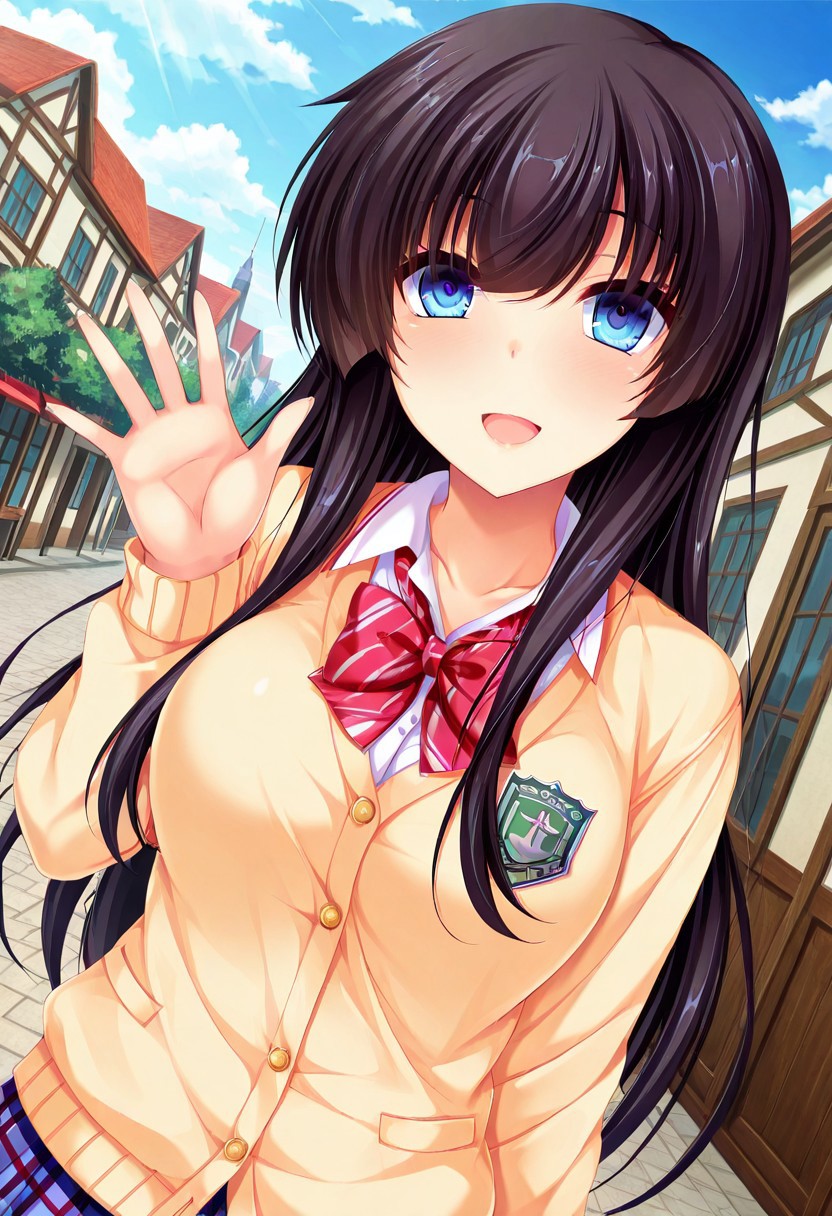 general,highres, ultra-detailed,very aesthetic,best quality ,best hands,best eyes,easynegative,
dynamic anglre, dutch angle, anime cloring,
1girl solo,looking at viewer,town,outdoors,smile,open mouth,waving hand,
Kanna Miyanoue,black_hair, blue_eyes, long_hair, large_breasts,school uniform,