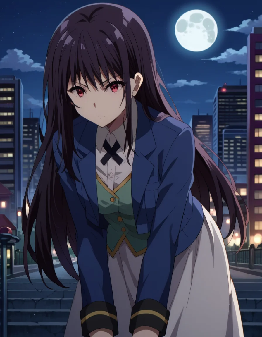 score_9, score_8_up, score_7_up, source_anime,
clairekagenou, <lora:claire-kagenou-ponyxl-lora-nochekaiser:1>,
claire kagenou, long hair, black hair, red eyes,
shirt, jacket, blazer, skirt, white skirt,
outdoors, cityscape, night, moon, bent over,
looking at viewer, dutch angle,