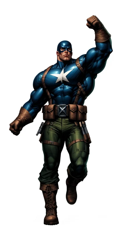 score_9, score_8_up, score_7_up, a man with a strong jaw in a tactical navy blue (muscled superhero costume with green armored highlights:1.2), (m1 helmet:1.4), (superhero domino mask:1.2), leather gloves, laced combat boots, bullet bandolier across his chest, (eagle crest on chest:1.2), gunslinger belt, huge biceps, (white background:1.2), character design, concept art, detailed face, high Detail, Sharp focus, dramatic pose, (full body shot:1.2), (solo:1.2), <lora:ArtgermLycoXL:0.5> <lora:c0rb3nXLP:0.5> c0rb3n <lora:detailed_hands:1> hands, <lora:ComicsPonyXL_V2:0.7> Comistyle <lora:WW2_Superhero_Costume-000019:0.7>