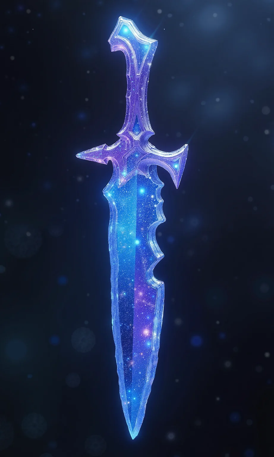 In a mystical fantasy setting, a dagger forged entirely from a crystalline material glimmers like a fragment of the night sky itself. The blade shimmers with deep blues and purples, flecked with tiny, glowing specks that resemble distant stars scattered across a cosmic void. Its edges are razor-sharp, with a natural, jagged form as if broken from a celestial shard. The hilt, subtly shaped from the same crystal, maintains the ethereal pattern, with a faint, magical glow pulsing from within. This starlit dagger radiates an aura of quiet, cosmic mysteryâan artifact born of the heavens.