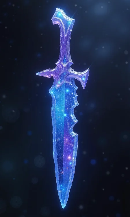 In a mystical fantasy setting, a dagger forged entirely from a crystalline material glimmers like a fragment of the night sky itself. The blade shimmers with deep blues and purples, flecked with tiny, glowing specks that resemble distant stars scattered across a cosmic void. Its edges are razor-sharp, with a natural, jagged form as if broken from a celestial shard. The hilt, subtly shaped from the same crystal, maintains the ethereal pattern, with a faint, magical glow pulsing from within. This starlit dagger radiates an aura of quiet, cosmic mysteryâan artifact born of the heavens.