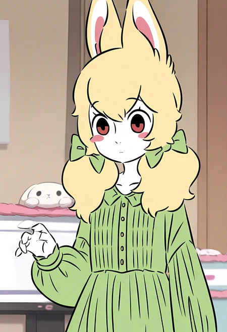 <lora:xiaoyu:1>,xiaoyu,1girl,solo,furry female,black eyes,red eyes,blonde hair,twintails,hair bow,animal ears,white skin,
green dress,dress,long sleeves,green bow,, masterpiece,best quality,amazing quality,absurdres, anime screenshot,