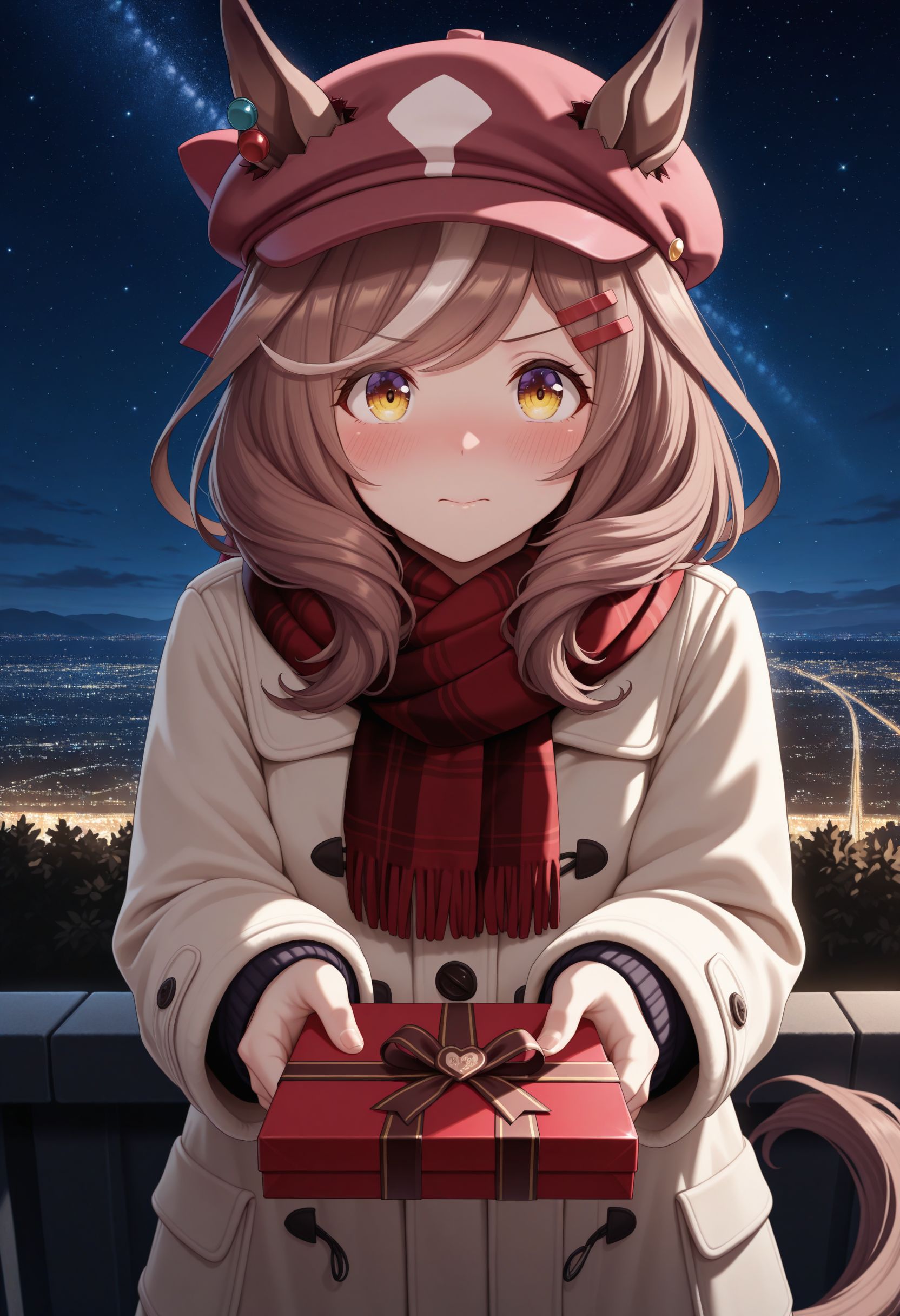 masterpiece, best quality, amazing quality, very awa,absurdres,newest,very aesthetic, looking at viewer
 <lora:Matikane Tannhause illu v3:1> 1girl, solo, looking at viewer, blush, brown hair, hair ornament, animal ears, closed mouth, yellow eyes, outdoors, alternate costume, hairclip, medium hair, scarf, coat, horse ears, horse girl, horse tail, star (sky), box, night sky, starry sky, valentine, cabbie hat, holding gift, ears through headwear, city lights, incoming gift