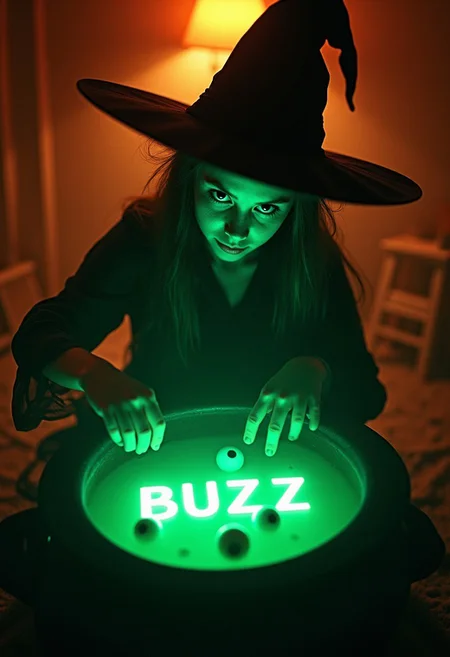 masterpiece, best quality, highly detailed, score_9, score_8_up, score_7_up,
BREAK, 70mm lens, full-color photograph, shadows, cinematics lighting, volumetric lights, realistic lights, three quarter view, film grain,
BREAK,
Background: a witch's hut, dark, Top down view of a young witch, stirring in a cauldron full of a green soup-like liquid, eye-balls floating in the soup, green luminescent text in the soup that says: "BUZZ", orange light in the back ground, looking at the viewer