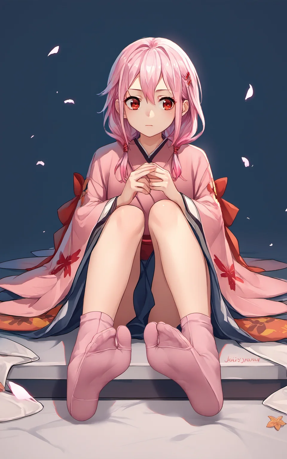 score_9,score_8_up,score_7_up,score_6_up,score_5_up,score_4_up,source_anime,1girl,kimono,japanese clothes,tabi,pink socks,<lora:inori-yuzuriha-ponyxl-lora-nochekaiser:0.8>,inori yuzuriha,hair ornament,hairclip,long hair,pink hair,red eyes,twintails,no shoes,sitting,<lora:tabi_pony-000015:1>,soles,