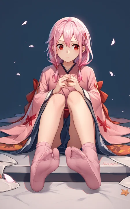 score_9,score_8_up,score_7_up,score_6_up,score_5_up,score_4_up,source_anime,1girl,kimono,japanese clothes,tabi,pink socks,<lora:inori-yuzuriha-ponyxl-lora-nochekaiser:0.8>,inori yuzuriha,hair ornament,hairclip,long hair,pink hair,red eyes,twintails,no shoes,sitting,<lora:tabi_pony-000015:1>,soles,