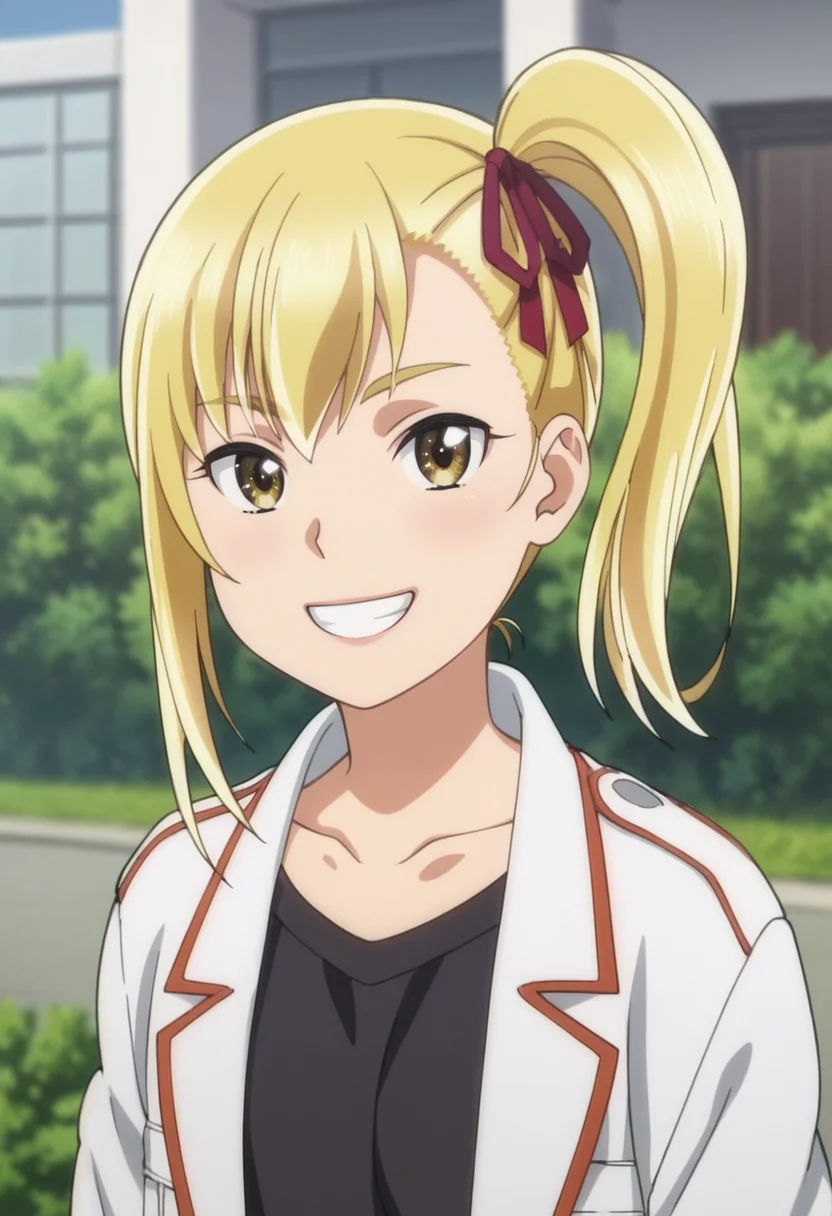 source_anime,anime screencap, anime coloring,intricate details,rating_safe, masterpiece, best quality,
(best quality, absurd res, ultra detailed),,(4 finger:0.5),1girl, ((solo)), good eyes,perfect eyes,,detailed eyes, zPDXLxxx , zPDXL3, OverallDetail,detailed, detailed face
BREAK
solo,outdoors , standing, front view, upper body, looking at viewer, grin,
anzu, 1girl, yellow eyes, blonde hair, side ponytail, hair ribbon, white coat, black shirt, 
, <lora:add-detail-xl:2>   <lora:Anzu:0.8>