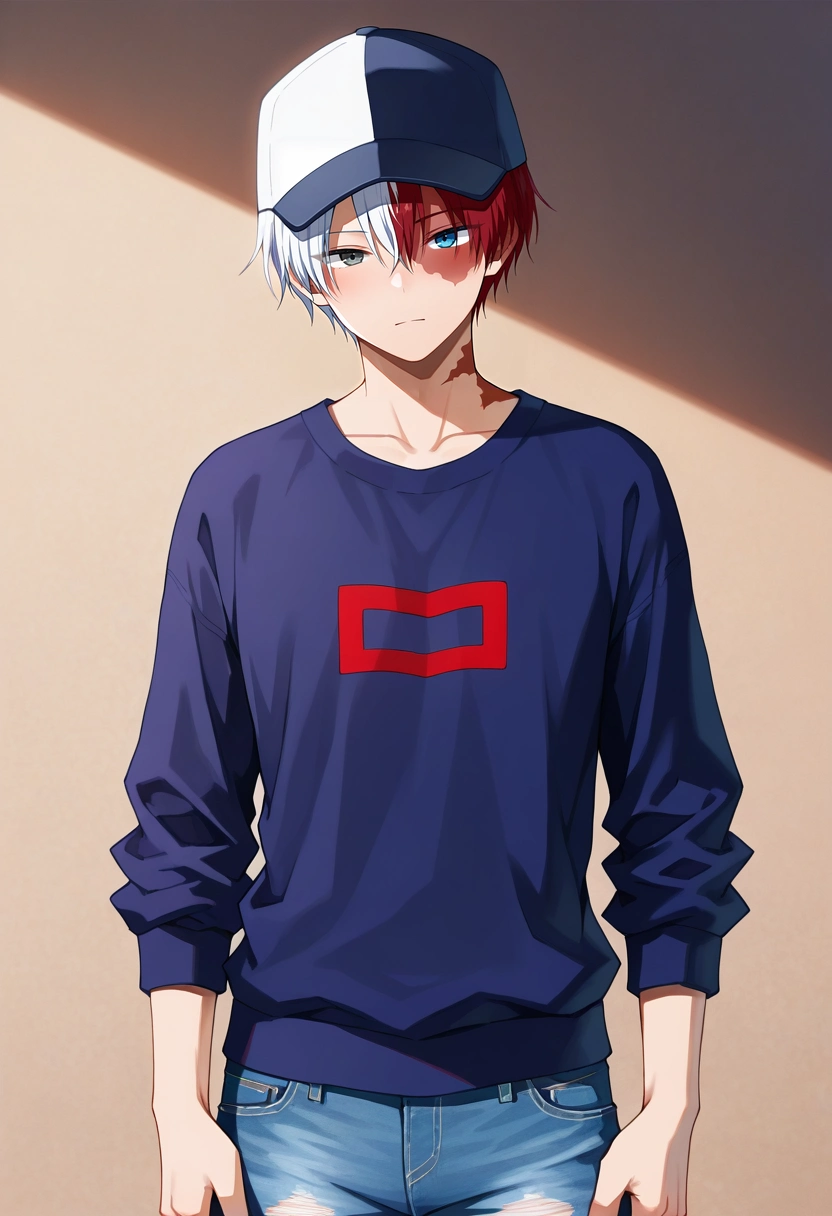 masterpiece, best quality, , (3d:0.4), , , 1boy, solo, male focus, <lora:shouto_todoroki_ilxl:0.96>, shouto_todoroki, white hair, red hair, grey eyes, blue eyes, heterochromia, short hair, hair between eyes, bangs, multicolored hair, two-tone hair, split-color hair, burn scar, scar on face, , Mauve Slim-fit jeans, Sweatshirt, , Baseball cap,