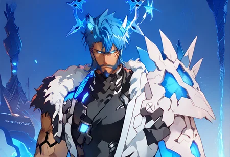 Cast_Q, Casual_Q _Jacket, Casual_Q male, blue short wild hair, goatee, serious, muscular, anime, cyberpunk, blue mechanical eyes, Bara(may be needed), ((cowboy shot)), strong facial features, scruffy beard, blue hair, short wild hair, bleach_tybw_style, glowing crown:0.7, ({blue} light):1.6, full body, score_9, score_8_up, score_7_up, score_6_up, concept art score_9,score_8_up,score_7_up,score_6_up,((hollowfication)),blue theme,