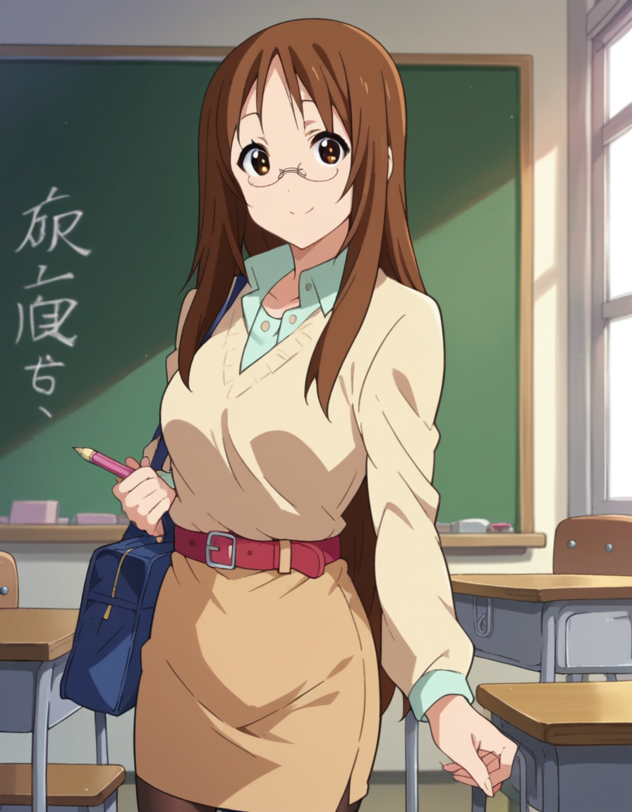 score_9, score_8_up, score_7_up, source_anime,
sawakoyamanaka, <lora:sawako-yyamanaka-s2-ponyxl-lora-nochekaiser:1>,
sawako yamanaka, brown eyes, brown hair, glasses, long hair,
belt, official style, pantyhose, teacher, dress, light brown dress, skirt, pencil skirt,
indoors, classroom, smile,
looking at viewer, dutch angle, cowboy shot,