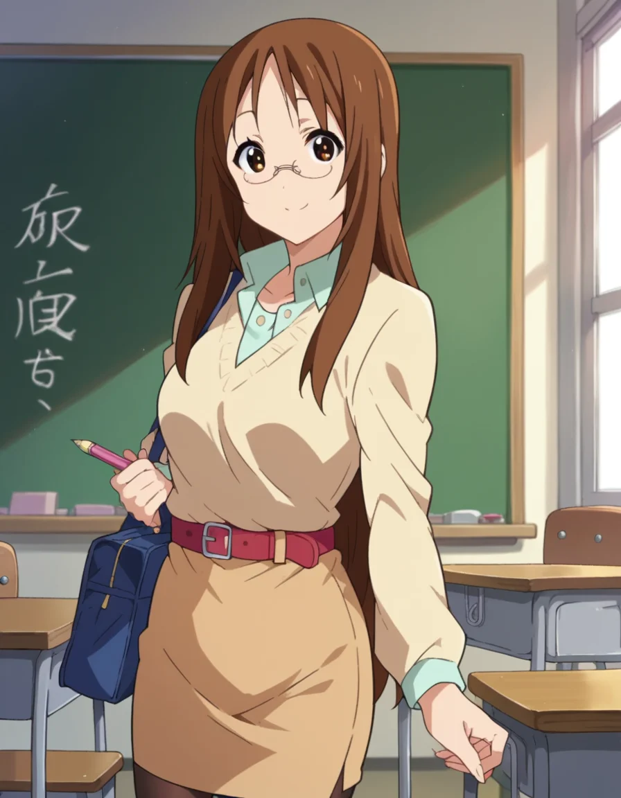 score_9, score_8_up, score_7_up, source_anime,
sawakoyamanaka, <lora:sawako-yyamanaka-s2-ponyxl-lora-nochekaiser:1>,
sawako yamanaka, brown eyes, brown hair, glasses, long hair,
belt, official style, pantyhose, teacher, dress, light brown dress, skirt, pencil skirt,
indoors, classroom, smile,
looking at viewer, dutch angle, cowboy shot,