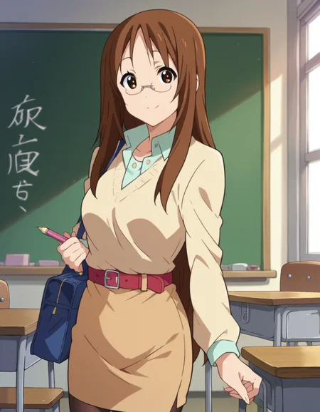 score_9, score_8_up, score_7_up, source_anime,
sawakoyamanaka, <lora:sawako-yyamanaka-s2-ponyxl-lora-nochekaiser:1>,
sawako yamanaka, brown eyes, brown hair, glasses, long hair,
belt, official style, pantyhose, teacher, dress, light brown dress, skirt, pencil skirt,
indoors, classroom, smile,
looking at viewer, dutch angle, cowboy shot,