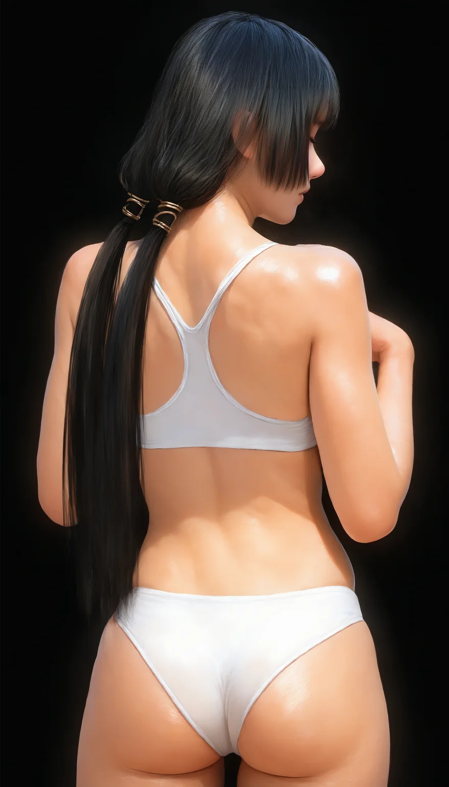 masterpiece,best quality,amazing quality,
<lora:naotoraiiNAI:1>,naotoraii,realistic,
black hair,blunt bangs,long hair,low twintails,golden scrunchie,white sports bra,white sports panties,cowboy shot,back view,standing,hands on shoulders,black background,depth of field,