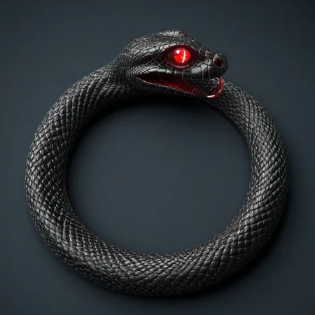 Glowing Snake,Ouroboros, 8k, high resolution, fine quality, high quality, very detailed, photo realistic, snake eating its own tail, snake with its tail in its mouth, snake, solo snake, detailxl, background, snake has a ruby as an eye.