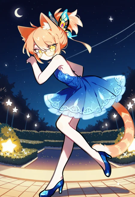 solo,1boy, skinny, light orange cat ears, light orange cat tail, ponytail, air_ bangs, (light orange hair), yellow eyes, slit pupils, round glasses,
blue dress, satin dress, lace dress, high heels, looking at viewer, butterfly hair ornament, blue footwear, bare shoulders, 
side view, outdoors, garden, night, stars, moonlights, provoactive, pose,
masterpiece,best quality,amazing quality, <lora:omoyunakyu715-_style_Illustrious:1>, omoyu_nakyu715,