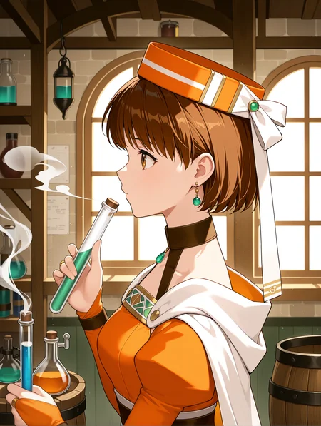 masterpiece,best quality,newest,
1girl,solo,
<lora:Elfir_Traum_ilxl_v1.2:1>,e_hat,elfir_traum,short hair,brown hair,brown eyes,e_clothes,bridal gauntlets,
<lora:Fixhands_anime_bdsqlsz_V1:1>,looking_at_viewer,face_focus,fantasy,indoor,test tube,flask,smoke,window_,scenery,laboratory equipment,alchemy,barrel,profile,looking ahead,sigh,