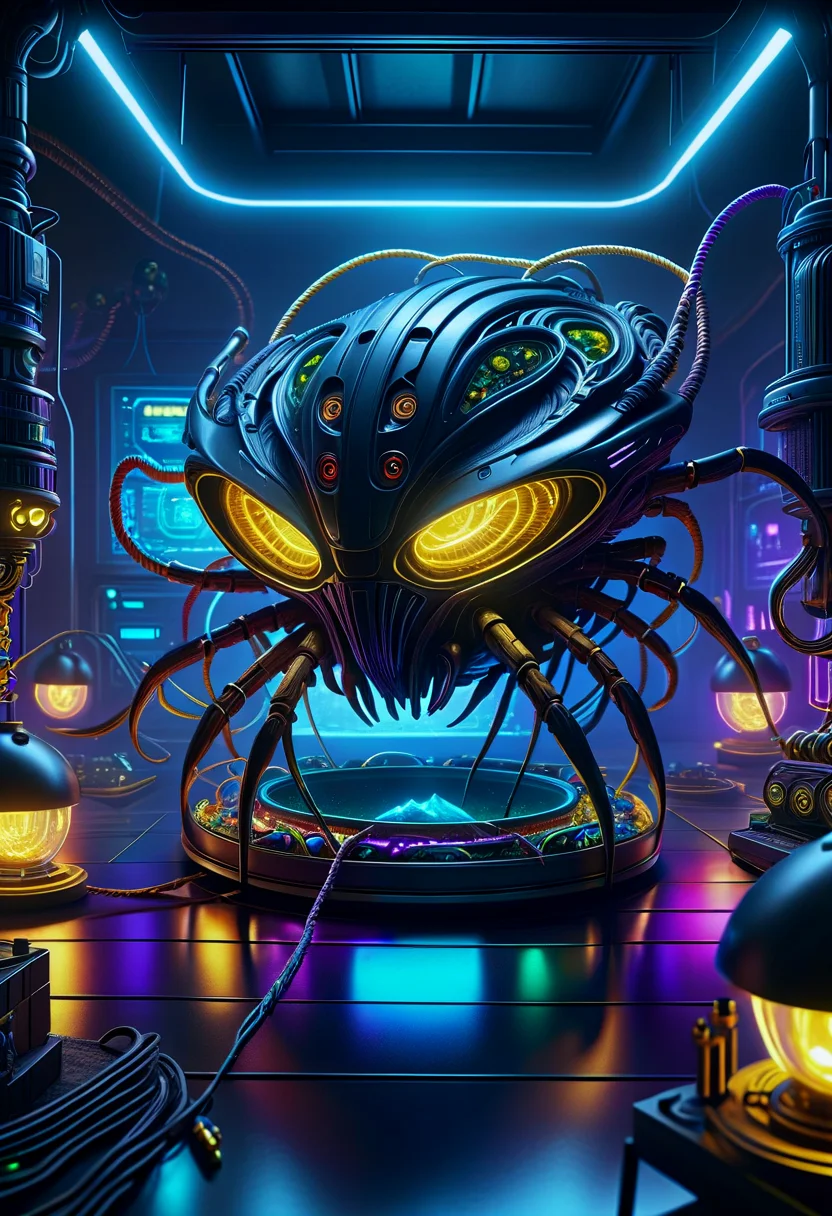 hyper detailed masterpiece, dynamic realistic digital art, awesome quality,DonMX3n0XL,illegal tech and weapon manufacturing lab, pot of gold, cork flooring, kerosene lamps, rope lights, cyberpunk, sci-fi, organic xeno biology , eerie glow <lora:DonMX3n0XL-000008:0.8>