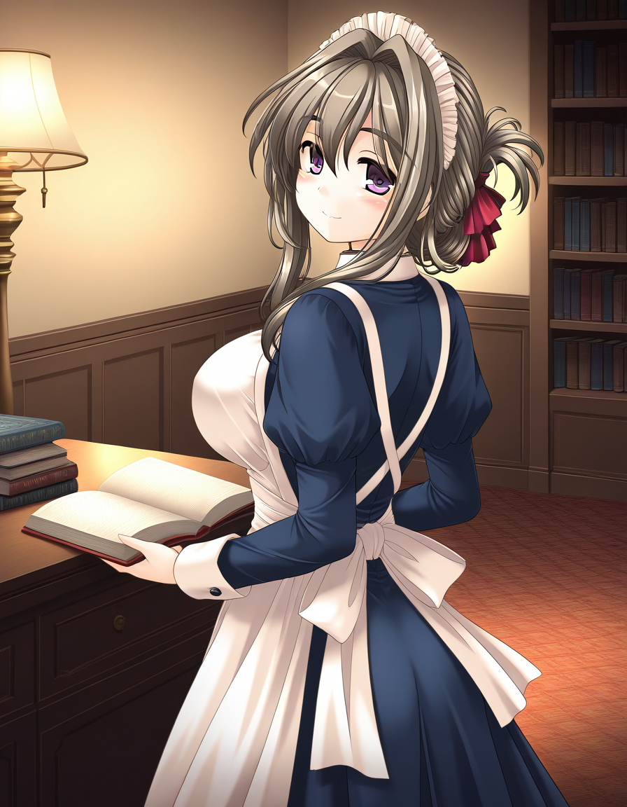 general,highres, ultra-detailed,very aesthetic,best quality ,best hands,  BREAK <lora:Tomosato_Shiori_IS:1>
TomosatoShiori, brown hair, large breasts, purple eyes, hair intakes, hair ribbon, red ribbon, folded ponytail, solo, 1girl, solo, maid, book, apron, maid headdress, smile, looking back, long sleeves, ribbon, indoors, lamp, breasts, blush, looking at viewer smile, looking at viewer, cowboy_Shot,