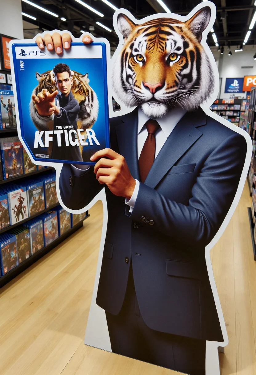 <lora:Cardboard_Cutout_Creator_FLUX-000021:0.9> 
The image is a high-resolution photograph taken inside a video game store, showcasing a large, detailed, 3D cardboard cutout of an anthropomorphic tiger man wearing a suit holding up a tiger-themed ps5 video game, along with text "kftiger the game"