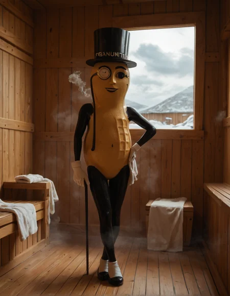 score_9, score_8_up, score_7_up,
pl4nt3r5, mascot, anthro peanut,  top hat, cane,
indoors, sauna, towel around waist,
no humans,
steam, cloudy, 
<lora:pl4nt3r5-mascot-Pony-v2:1>