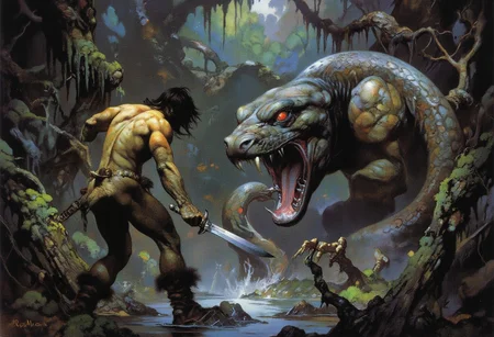 Comic book style, 8k, high quality, digital painting, masterpiece, very detailed, ultra realistic, (best quality), very detailed, epic masterpiece, Boris Vallejo style, retro art style, score_9, score_8_up, score_9_up, very detailed, ultra realistic, (best quality) full body, very detailed, masterpiece, RetroSci style, a prehistoric warrior (muscled, fur loincloth, longsword) is attacked by a giant snake-like monster (open mouth with fangs, bright red eyes), swamp, enormous trees, hanging vines, gloomy, retro oil painting style, reduced saturation, dramatic lighting, surreal mood, scary, realistic, realism, photo realistic oil painting, photo realistic painting, scary scene, action, scary, best quality, epic scene, Dungeons and Dragons atmosphere, heroic fantasy, fna_style, Comic book style