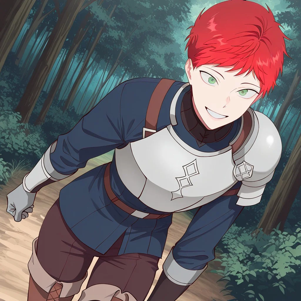 score_9,score_8_up,score_7_up(masterpiece), best quality, expressive eyes, amazing quality, solo, 1girl, red hair, short hair, green eyes, armor, thigh boots, blue shirt, belt,  paulianaw, outside, forest, small breast, smile
