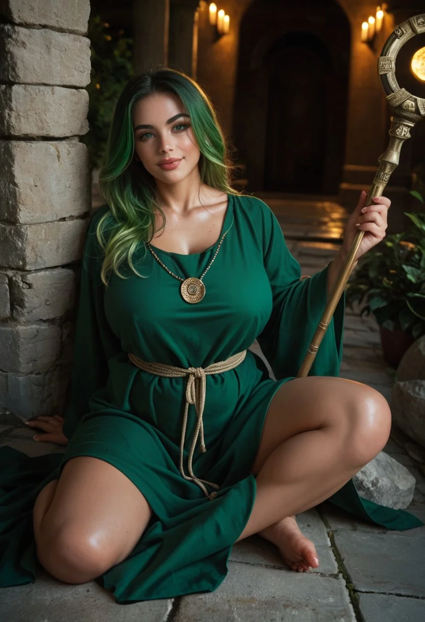score_9, score_8_up, score_7_up, beautiful woman, bright light green eyes, green coloured hair with straight fringes, plump lips, luscious lips, muscular and voluptuous body, highly detailed eyes, highly detailed pupils, highly detailed face, greenish skin, smile, green priestess tunic, druid's staff leaning against the wall, sitting, outside of a small ancient pagan temple on a rock floor, looking at the viewer, soft lighting, 8k, perfect lighting, cinematic lighting, highly detailed background, high quality photography, masterpiece, high resolution, cinematic photo