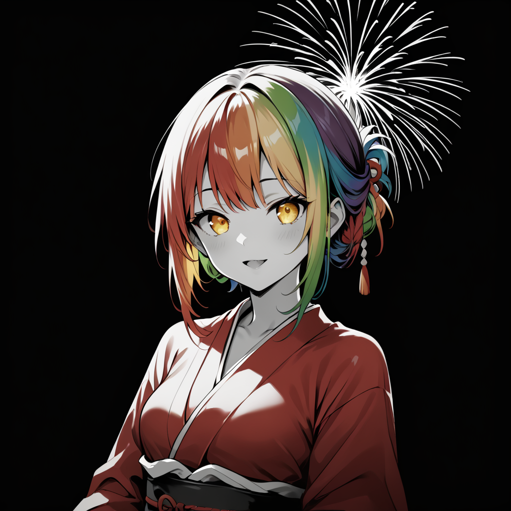 embedding :zPDXL3 (zPDXL3), score_9, score_8_up, score_7_up, black background, grayscale, monochrome, rainbow hair, yellow eyes, red kimono, selective_coloring, fireworks