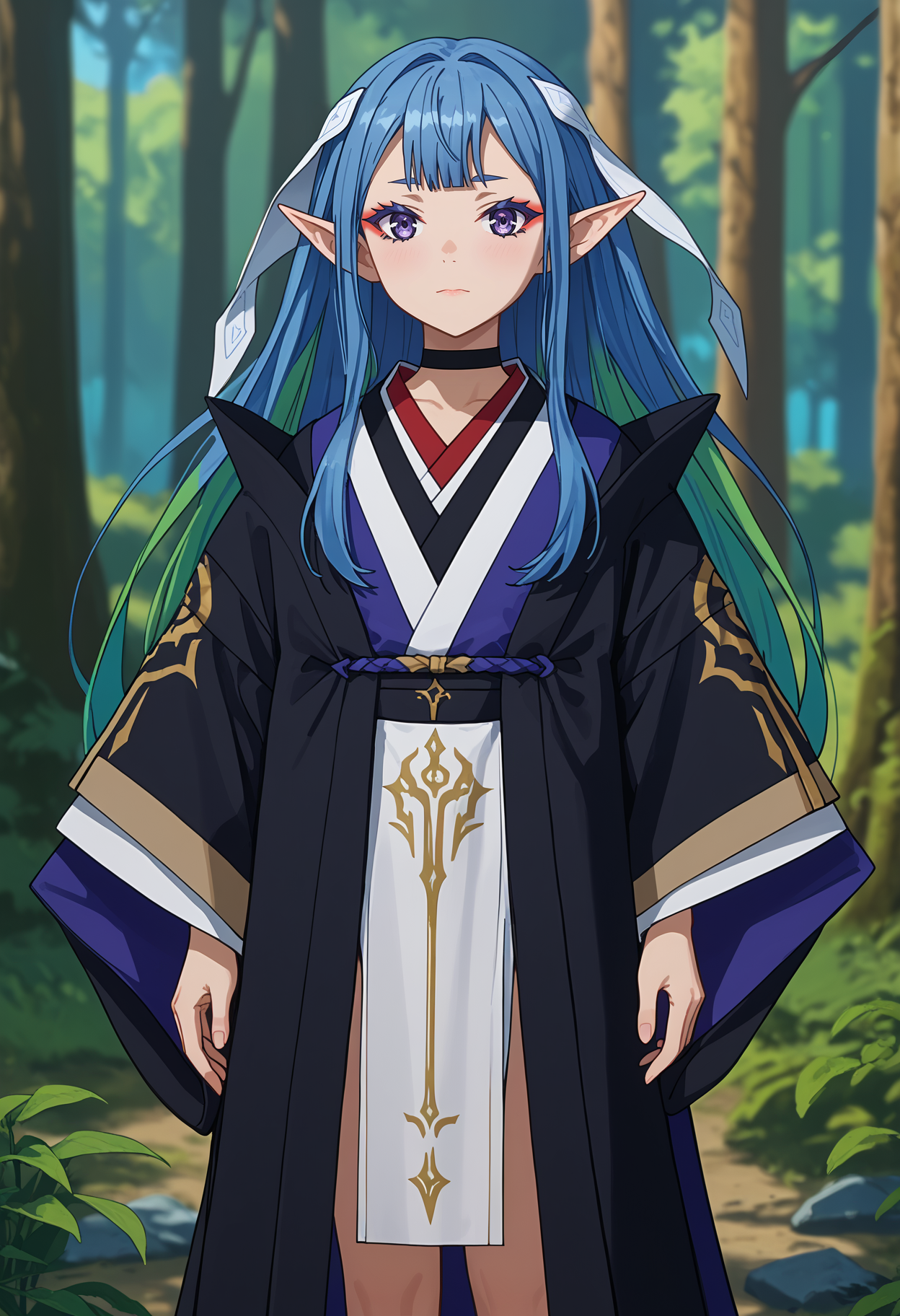 score_7_up,
<lora:NazeBoku_ReirenXL:0.9>,
1girl, solo, closed mouth,
long hair, multicolored hair, blue hair, green hair, blunt bangs, purple eyes, makeup, poiny ears, hair ornament,
ReirenNBnS, black choker, open robe, black robe, multicolored kimono, pelvic curtain, wide sleeves, sleeves past wrists,
standing, looking at viewer, cowboy shot,
blurry background, outdoors, forest
