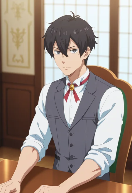 masterpiece, best quality, amazing quality,high resolution,intricate details,official style,depth of field anime coloring , , , 1boy, solo, male focus,  <lora:Leon_Fou_Bartfort:0.76>,leon fou batfort,black eyes,black hair,short hair,shirt, hair between eyes, white shirt, indoors, vest,red ribbon, neck ribbon, chair,looking at viewer,table, sleeves rolled up, waistcoat, grey vest