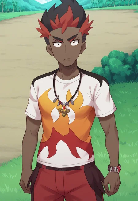 score_9, score_8_up, score_7_up, source_anime, highly detailed,
kiawe, 1boy, male focus, red shorts, solo, dark-skinned male, dark skin, jewelry,
upper body, multicolored hair, shorts, closed mouth, black hair,
two-tone hair, necklace, standing, red hair, looking at viewer, frown,
bracelet, t-shirt, printed shirt, flame print,
outdoor, grass, trees, day,