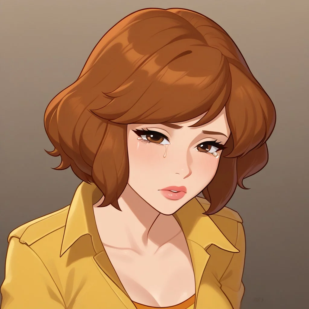 april o'neil, 1girl, short hair, brown hair, brown hair, brown eyes, lips, April 80, Sad crying a cardboard box that reads "give buzz plz". Beside the box she has few belongings such as a book, some clothes and a bottle. The scene takes place in a sad corner of the street under a light rain that wets everything.