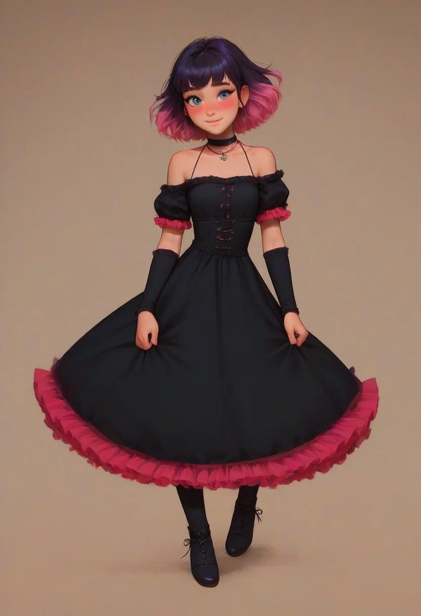 score_9, score_8_up, score_7_up, score_6_up, Roxy Spaulding, 1girl, 18 years old, perfect face, cute, petite, adorable face, detailed background, cozy interior background, medium distance, dynamic pose,
multicolored hair, black hair, purple hair, pink hair, short hair, black choker, necklace, black dress, frilled dress, bare shoulders, short sleeves, arm warmers,
black clothes, pink clothes, focus on face,
blush, shy smile, full body shot, long legs, long dress,