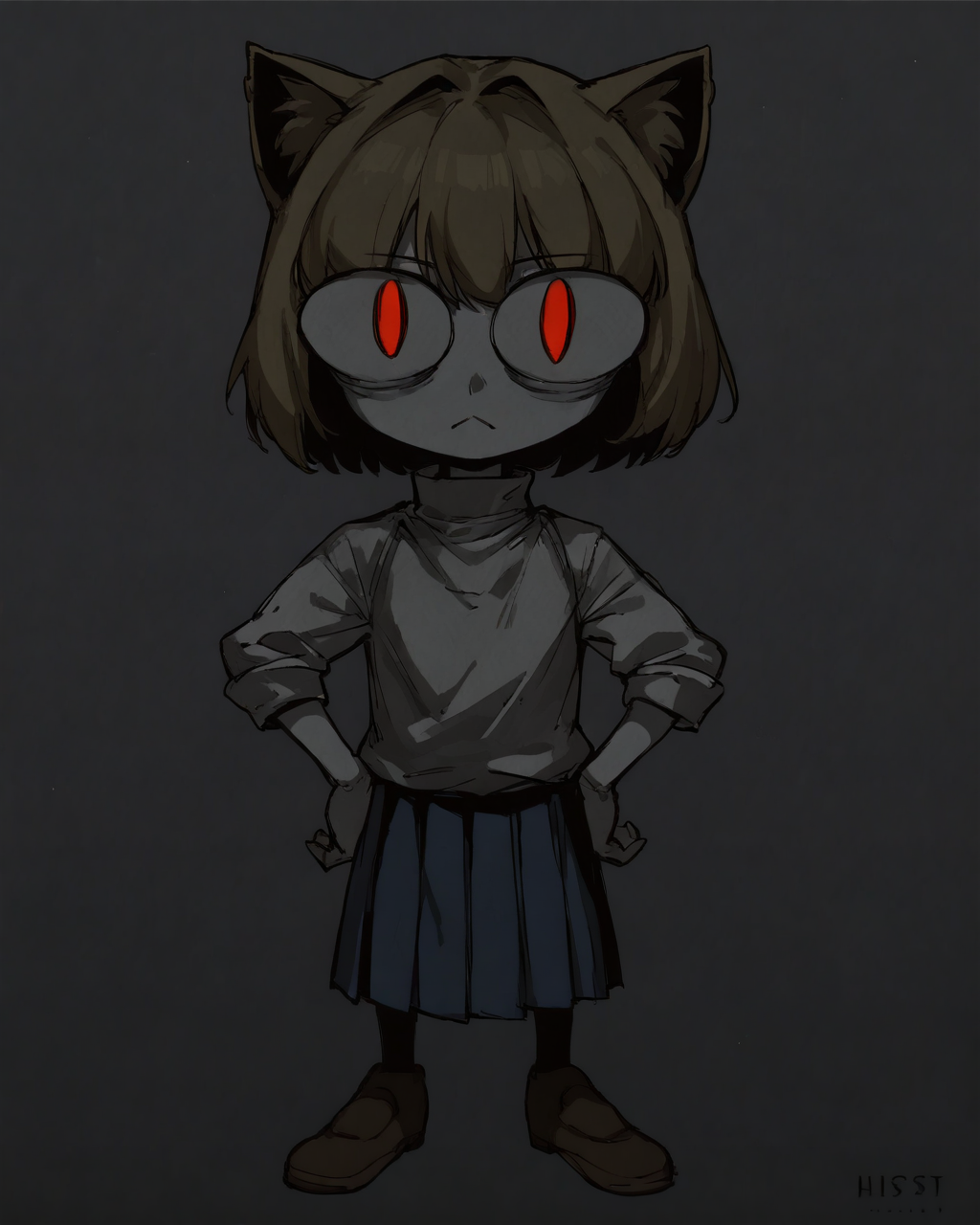 score_9, score_8_up, score_7_up, source_anime, <lora:Hunt_Showdown_ArtStyle__Ina_Koos_ArtStyle:1> hunt, lineart, monochrome, greyscale, sketch, creepy, <lora:Expressive_H:1> Expressiveh,  <lora:aesthetic:5> aesthetic, 1girl, solo, (pale skin:1.2),   <lora:necoarc-guy-PONYv1_1:1> necoarc, blonde hair, red eyes, slit pupils, cat ears, :3, turtleneck, white shirt, blue skirt, pleated skirt, pantyhose, brown footwear,,  <lora:age_slider_v4:1> <lora:StS_PonyXL_Detail_Slider_v1.4_iteration_3:5> gradient background, contrapposto, hands on own hips, cowboy shot, looking at viewer, <lora:lowlight_1721964122_1721964450_dim32_sv_fro_dp0.92_1721964790_1722820361:1.5>,